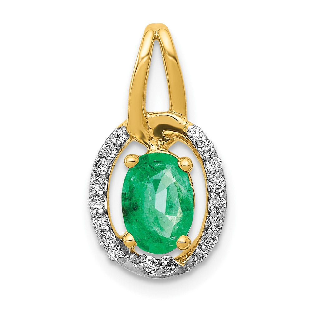 14K Yellow Gold Real Diamond and Oval Emerald Pendant