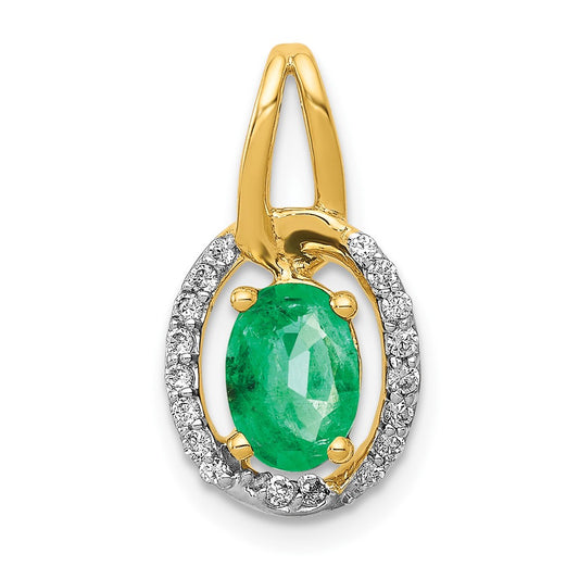 14K Yellow Gold Real Diamond and Oval Emerald Pendant