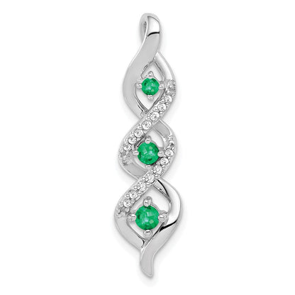 14K White Gold 3-stone Twisted Real Diamond and Emerald Chain Slide