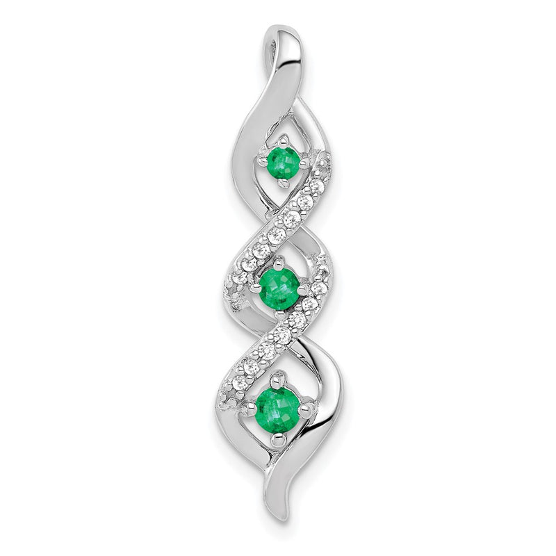 14K White Gold 3-stone Twisted Real Diamond and Emerald Chain Slide