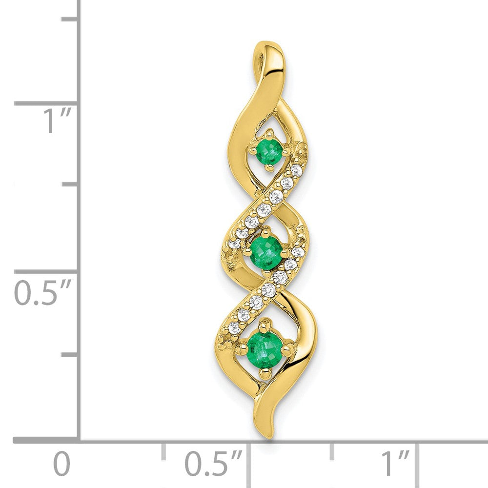 10K Yellow Gold 3-stone Twisted Real Diamond and Emerald Chain Slide
