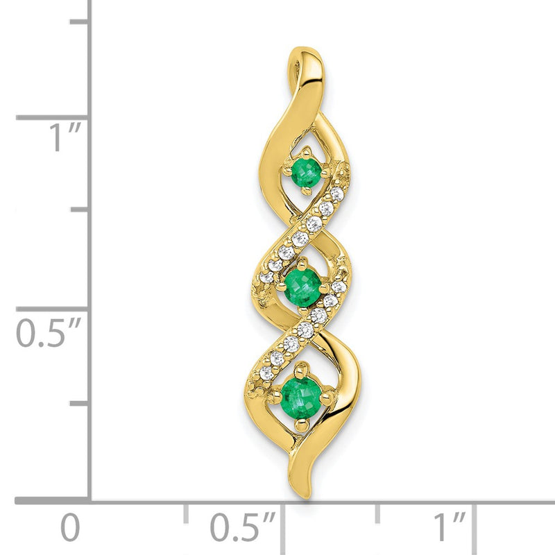 10K Yellow Gold 3-stone Twisted Real Diamond and Emerald Chain Slide