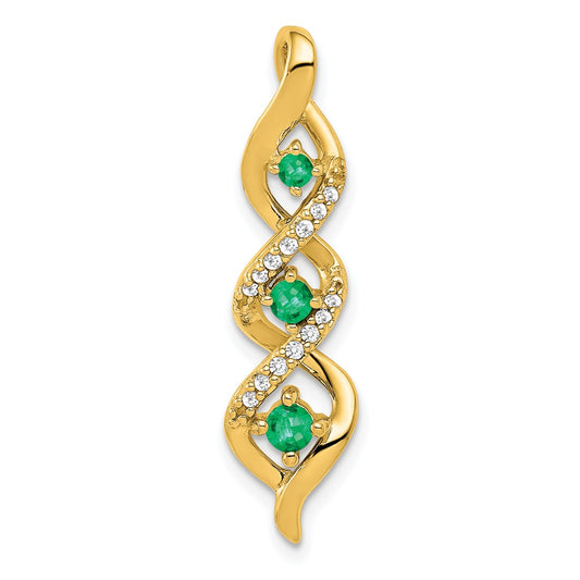 10K Yellow Gold 3-stone Twisted Real Diamond and Emerald Chain Slide