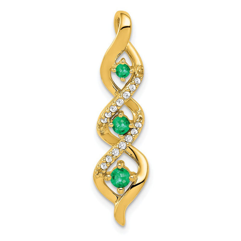 10K Yellow Gold 3-stone Twisted Real Diamond and Emerald Chain Slide