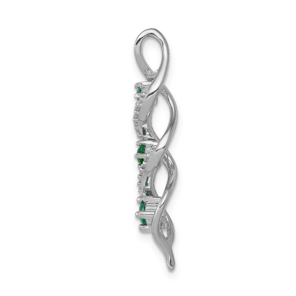 14k White Gold 3-stone Twisted Real Diamond and Emerald Chain Slide