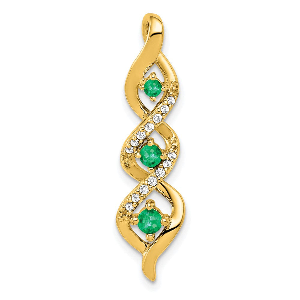 14K Yellow Gold 3-stone Twisted Real Diamond and Emerald Chain Slide