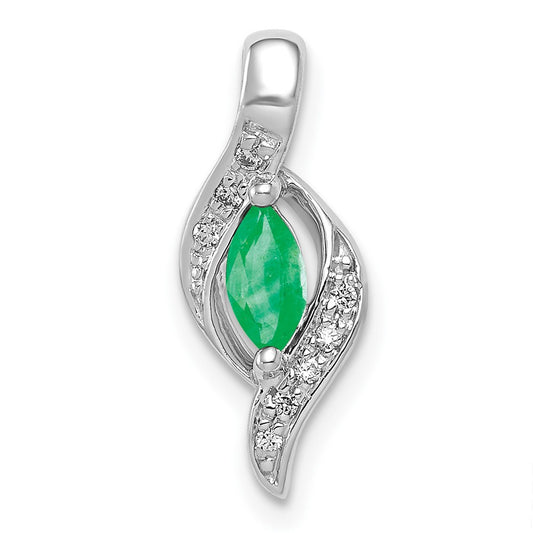 14K White Gold Real Diamond and Marquise Emerald Pendant
