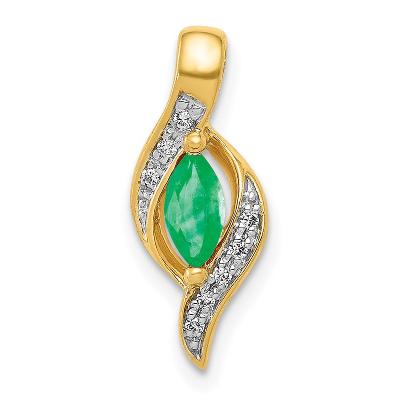 14K Yellow Gold Real Diamond and Marquise Emerald Pendant