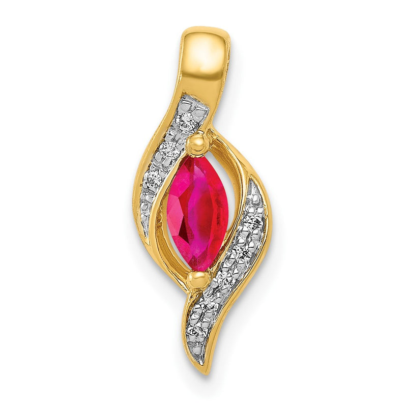 14K Yellow Gold Real Diamond and Marquise .25 Ruby Pendant