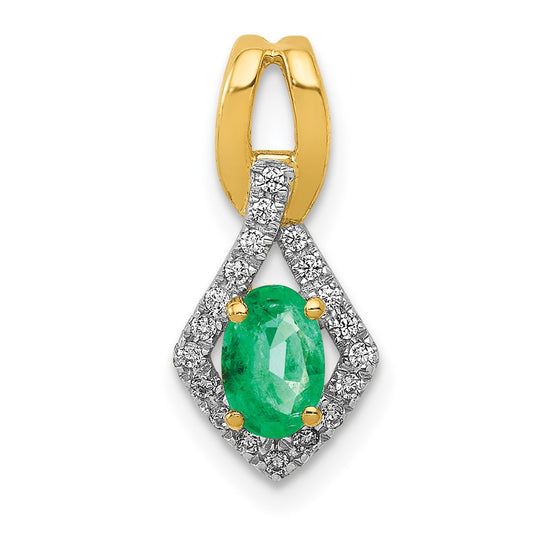 14K Yellow Gold Fancy Real Diamond and Oval Emerald Pendant