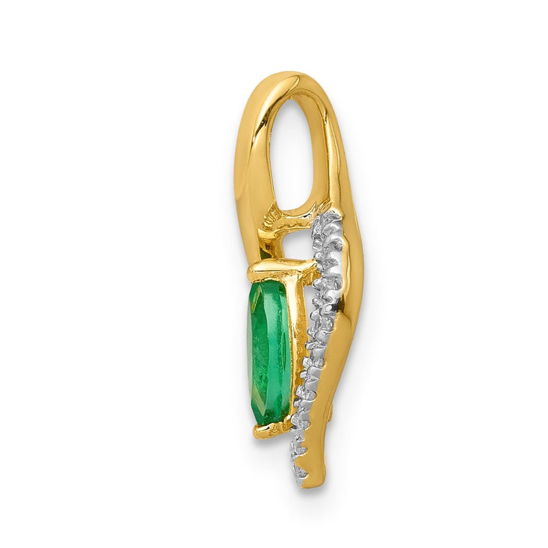 14K Yellow Gold Real Diamond and Marquise Emerald Pendant