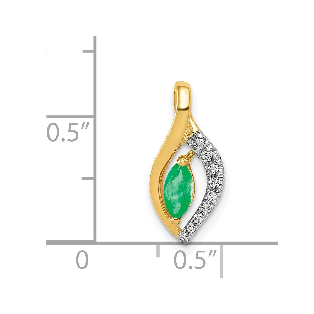 14K Yellow Gold Real Diamond and Marquise Emerald Pendant