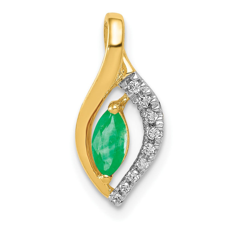 14K Yellow Gold Real Diamond and Marquise Emerald Pendant