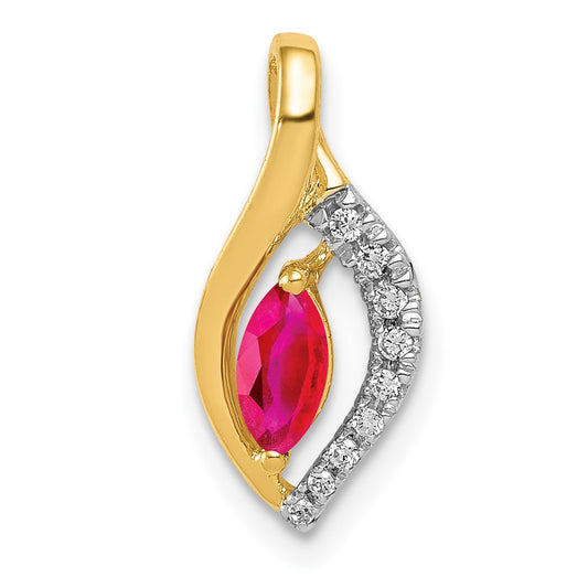 14K Yellow Gold Real Diamond and Marquise .32 Ruby Pendant