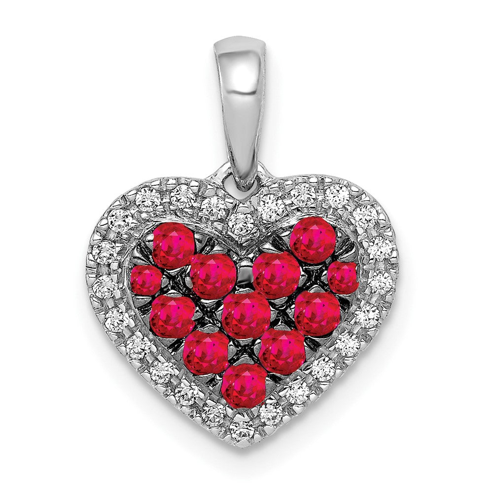 Solid 14k White Gold w/BlacK Rhodium Simulated CZ Simulated/.31 Ruby Heart Pendant
