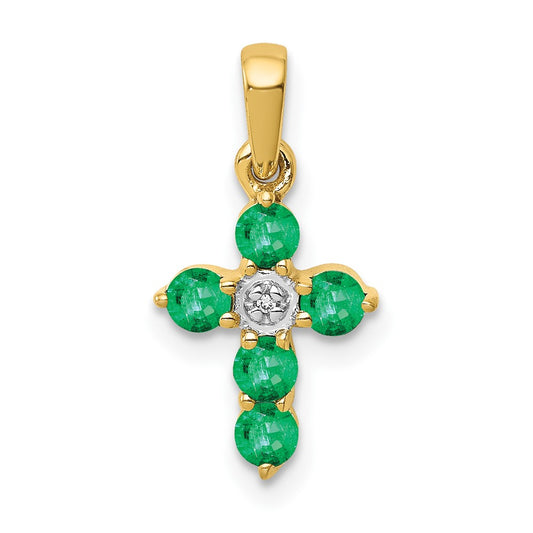 14K Yellow Gold Emerald and Real Diamond Cross Pendant