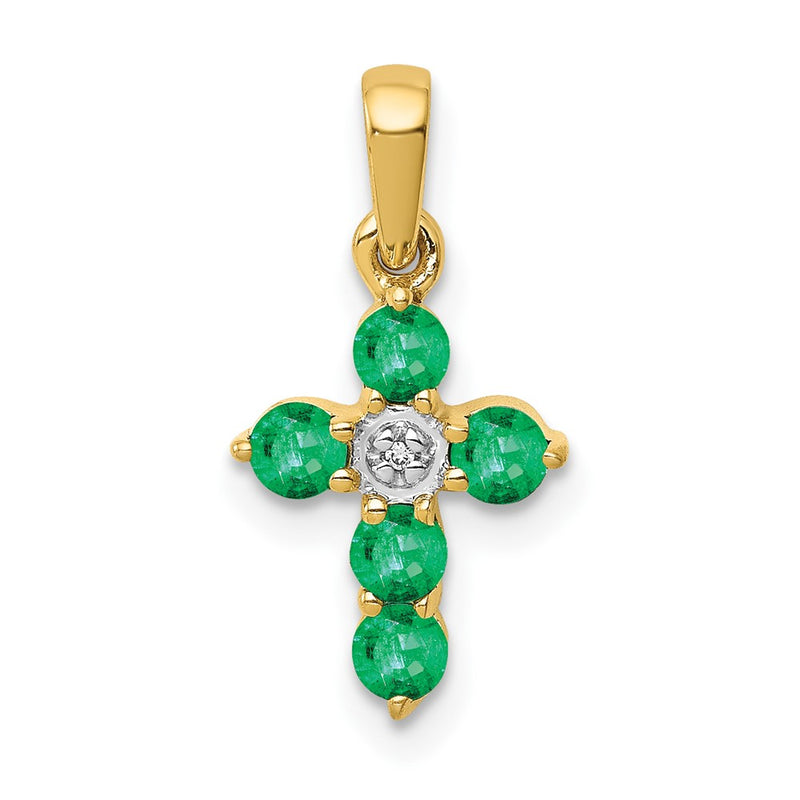 14K Yellow Gold Emerald and Real Diamond Cross Pendant