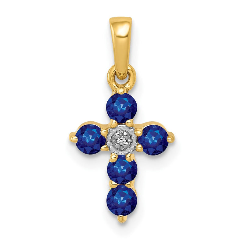 14K Yellow Gold Sapphire and Real Diamond Cross Pendant