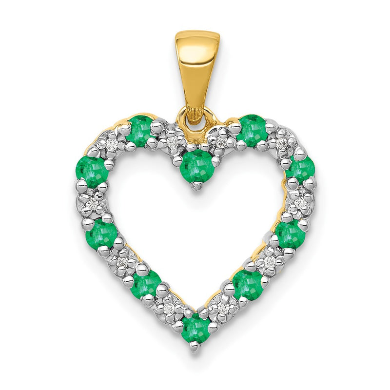 14K Yellow Gold Real Diamond and Emerald Heart Pendant
