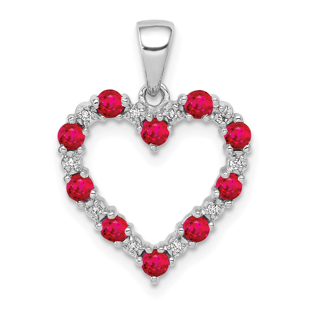 14K White Gold Real Diamond and .35 Ruby Heart Pendant