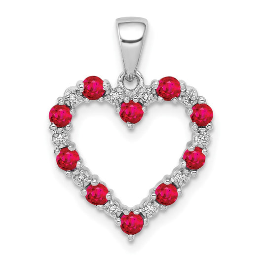 14K White Gold Real Diamond and .35 Ruby Heart Pendant