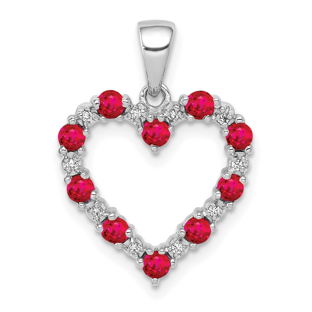 Solid 14k White Gold Simulated CZ and .35 Ruby Heart Pendant