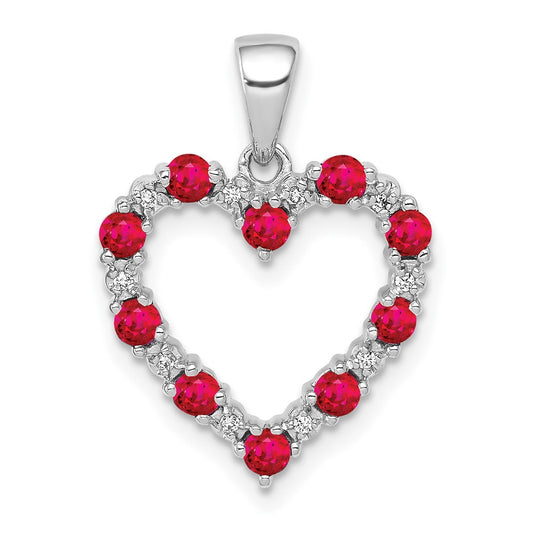 Solid 14k White Gold Simulated CZ and .35 Ruby Heart Pendant