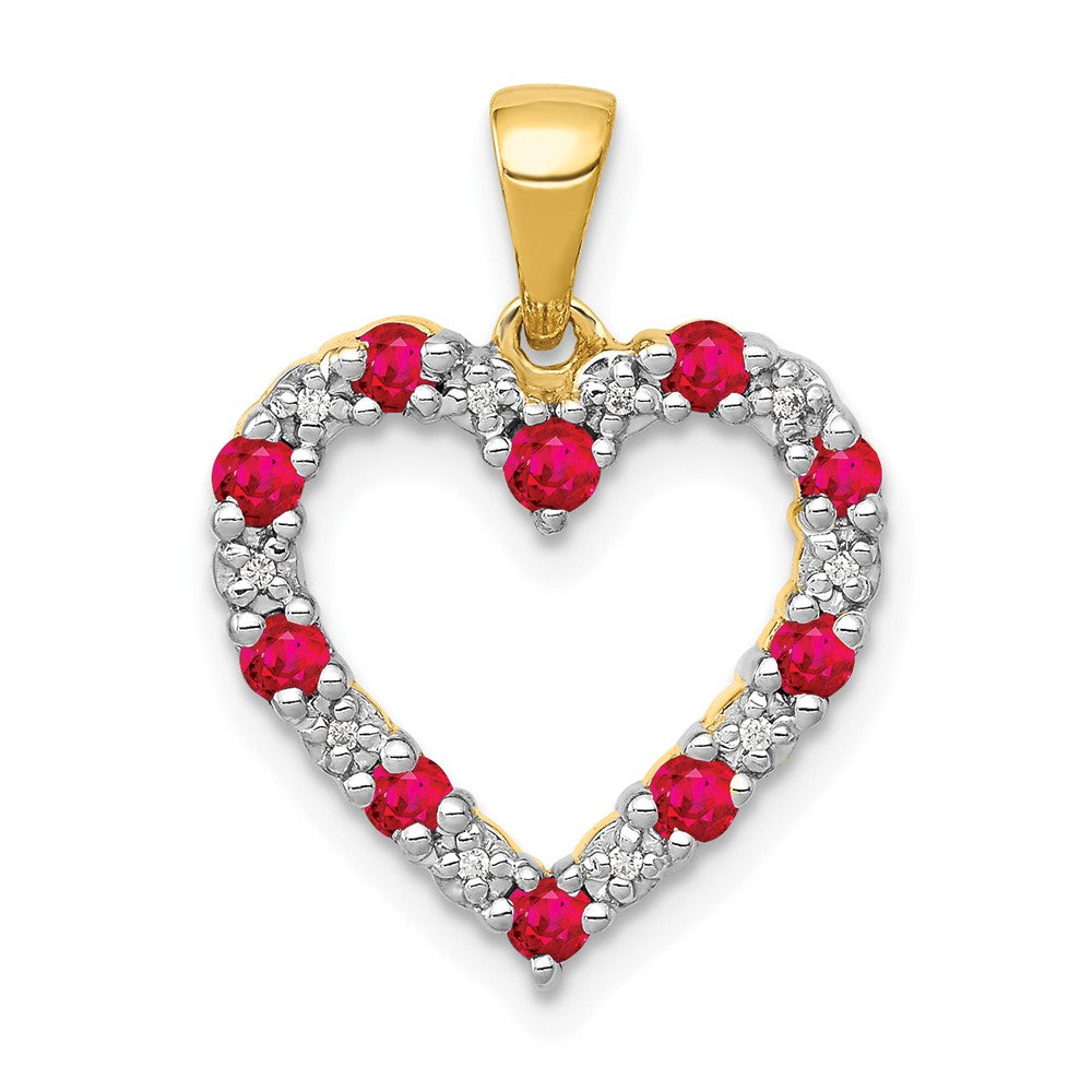 14K Yellow Gold Real Diamond and .35 Ruby Heart Pendant