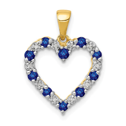 14K Yellow Gold Real Diamond and Sapphire Heart Pendant