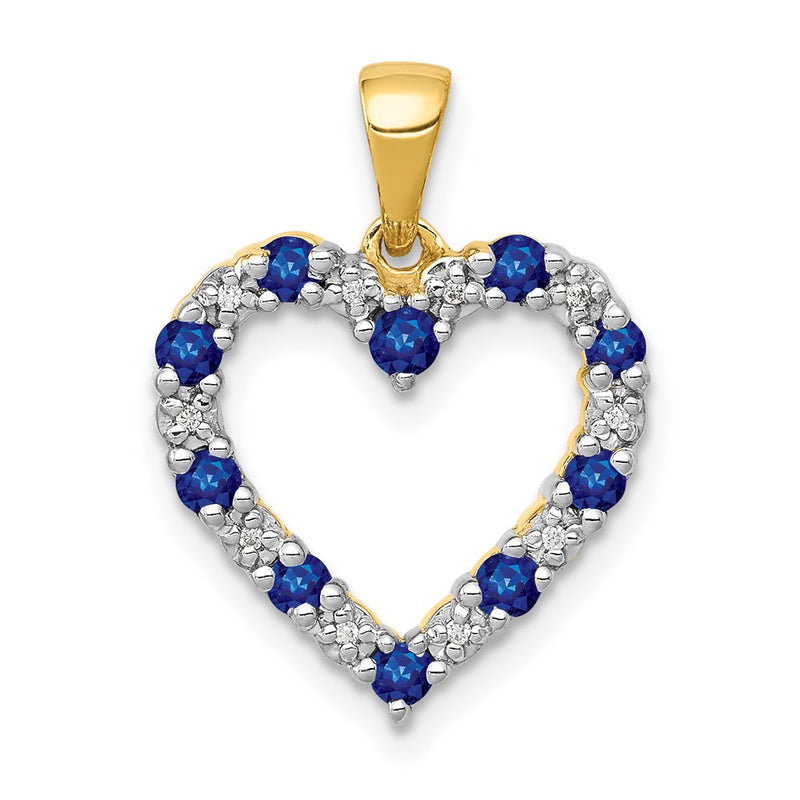 14K Yellow Gold Real Diamond and Sapphire Heart Pendant