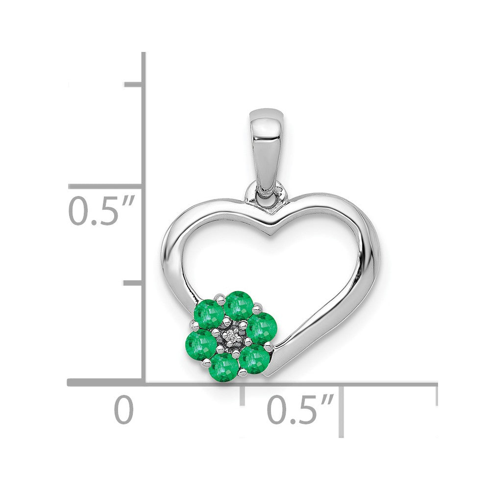 14K White Gold Real Diamond and Emerald Heart and Flower Pendant