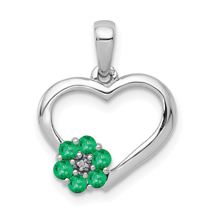 14K White Gold Real Diamond and Emerald Heart and Flower Pendant