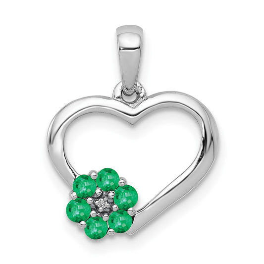 14K White Gold Real Diamond and Emerald Heart and Flower Pendant