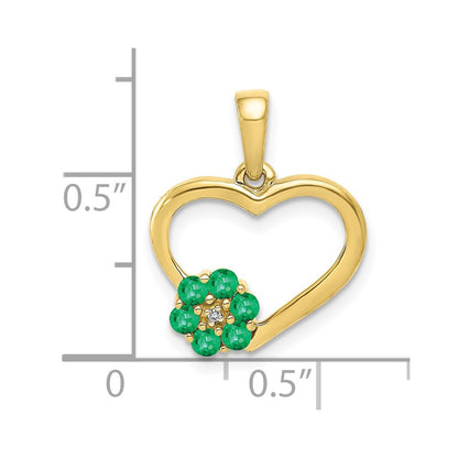 10K Yellow Gold Real Diamond and Emerald Heart and Flower Pendant
