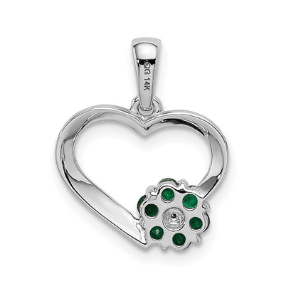 14k White Gold Real Diamond and Emerald Heart and Flower Pendant
