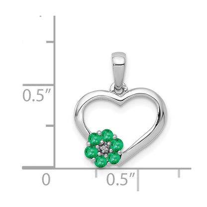 14k White Gold Real Diamond and Emerald Heart and Flower Pendant