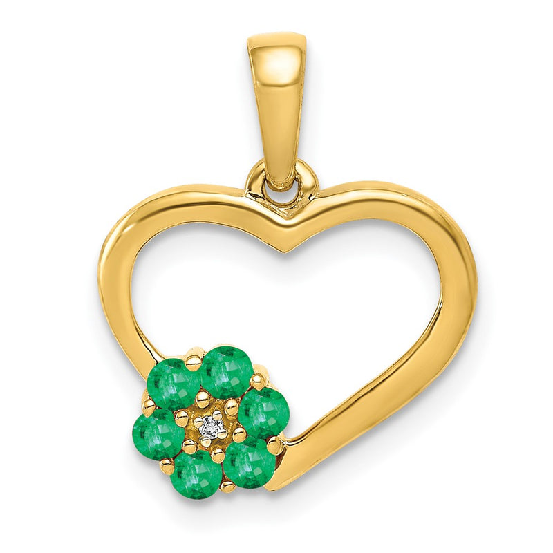 14K Yellow Gold Real Diamond and Emerald Heart and Flower Pendant