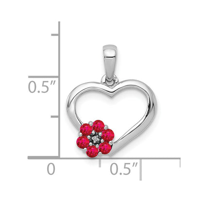 14K White Gold Real Diamond and Ruby Heart w/ Flower Pendant