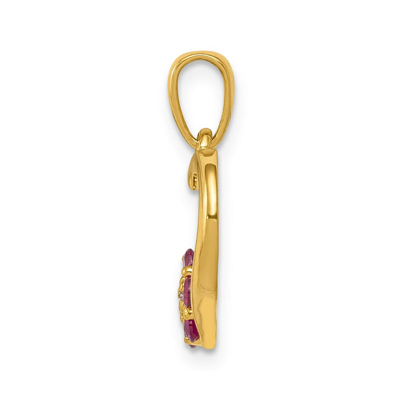 10K Yellow Gold Real Diamond and Ruby Heart w/ Flower Pendant