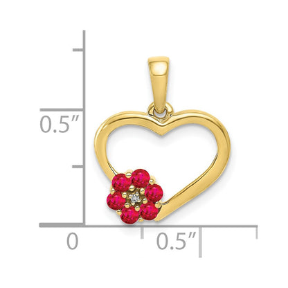 10K Yellow Gold Real Diamond and Ruby Heart w/ Flower Pendant