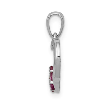 Solid 14k White Gold Simulated CZ and Ruby Heart w/ Flower Pendant