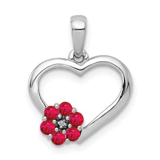 Solid 14k White Gold Simulated CZ and Ruby Heart w/ Flower Pendant