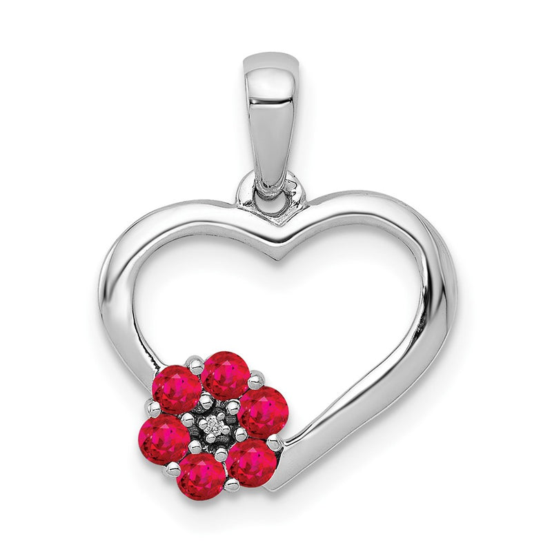 14k White Gold Real Diamond and Ruby Heart w/ Flower Pendant