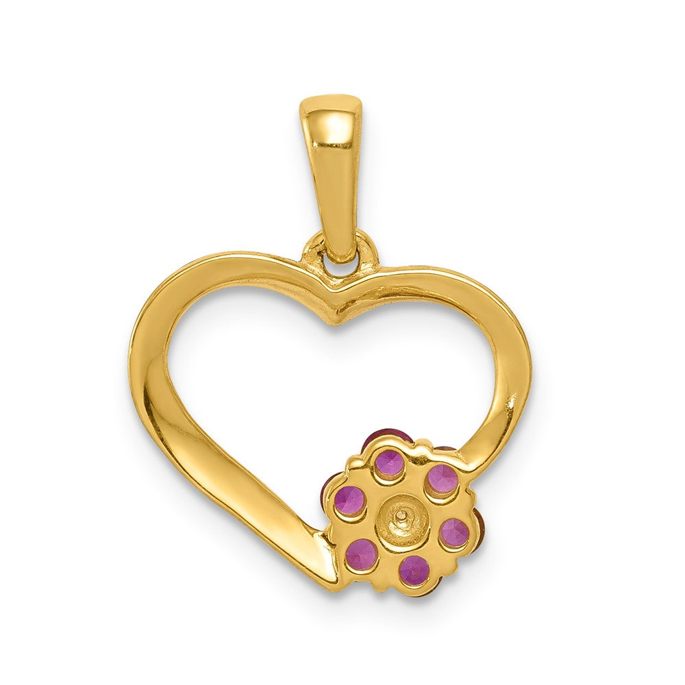 Solid 14k Yellow Gold Simulated CZ and Ruby Heart w/ Flower Pendant