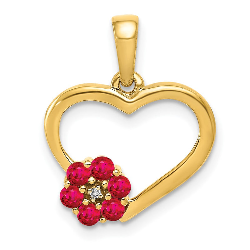 14K Yellow Gold Real Diamond and Ruby Heart w/ Flower Pendant