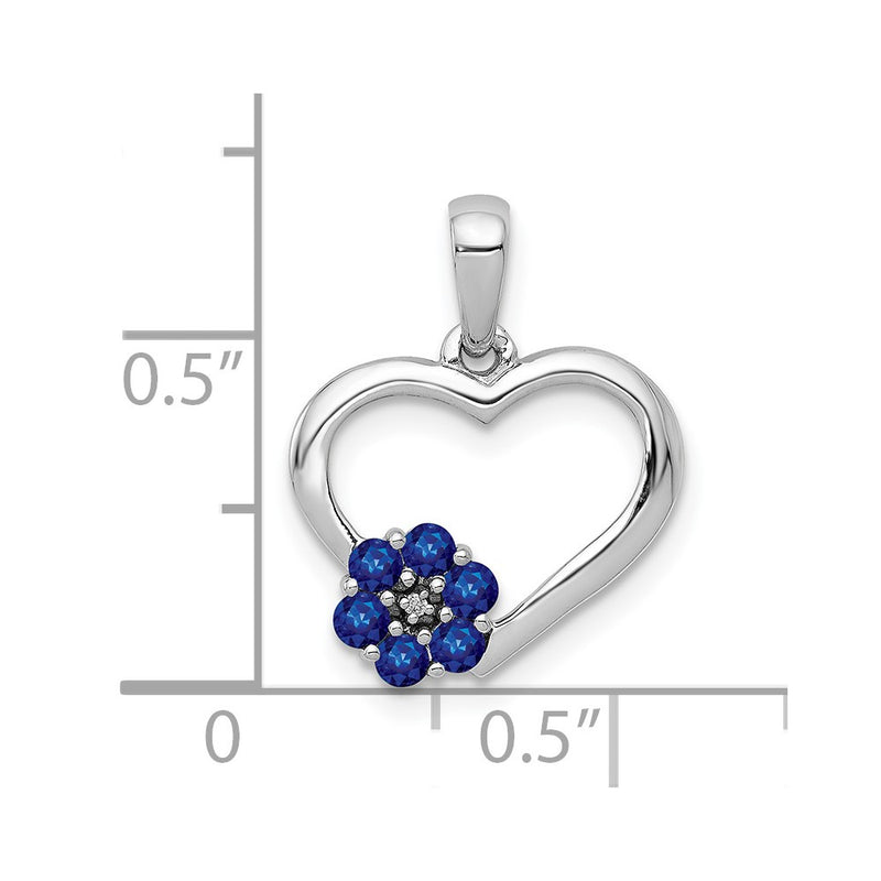 14K White Gold Real Diamond and Sapphire Heart w/ Flower Pendant