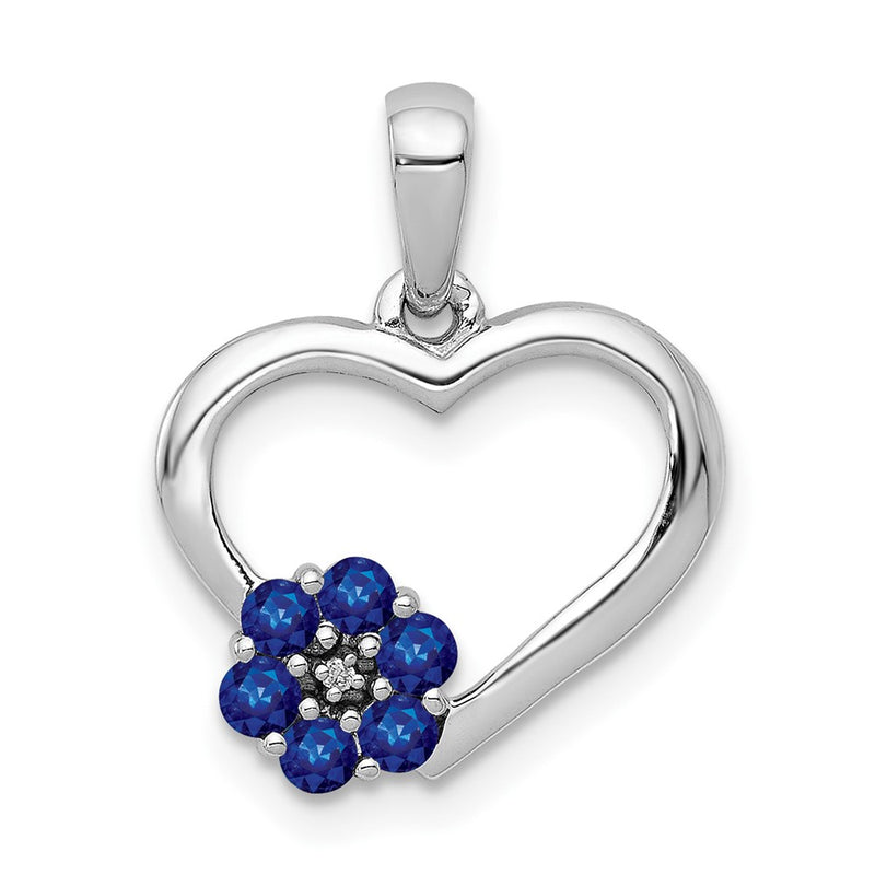 14K White Gold Real Diamond and Sapphire Heart w/ Flower Pendant