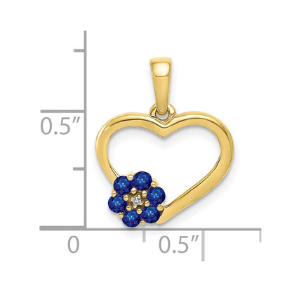 10K Yellow Gold Real Diamond and Sapphire Heart w/ Flower Pendant