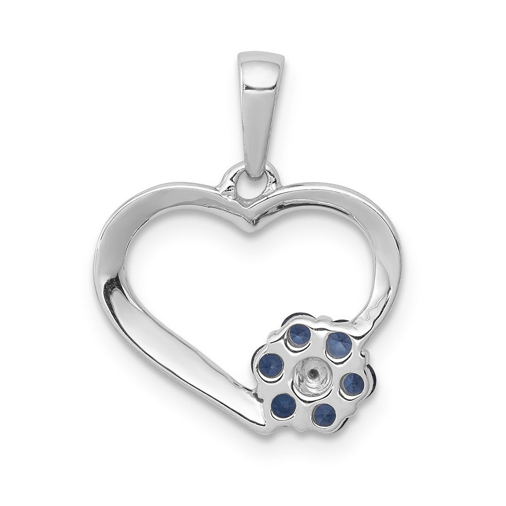 14k White Gold Real Diamond and Sapphire Heart w/ Flower Pendant