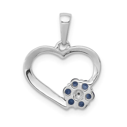 14k White Gold Real Diamond and Sapphire Heart w/ Flower Pendant